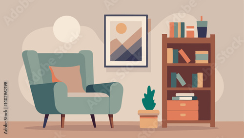 A serene reading nook with a plush neutralcolored armchair and a simple wooden bookshelf. On the wall hangs a large abstract painting in muted tones.