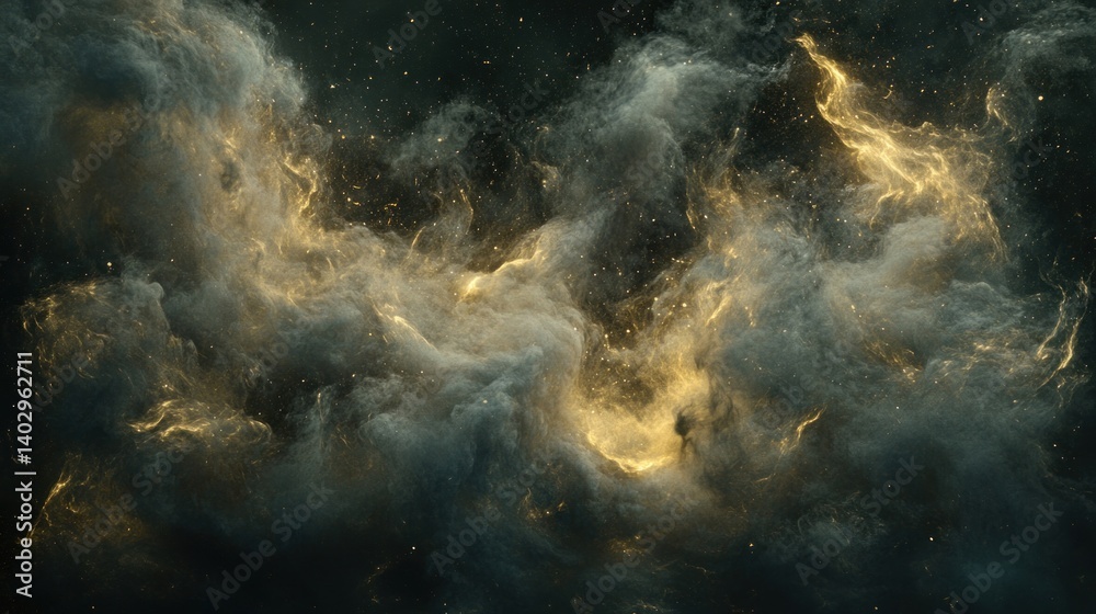 Fototapeta premium Cosmic clouds with golden accents against a dark, starry backdrop