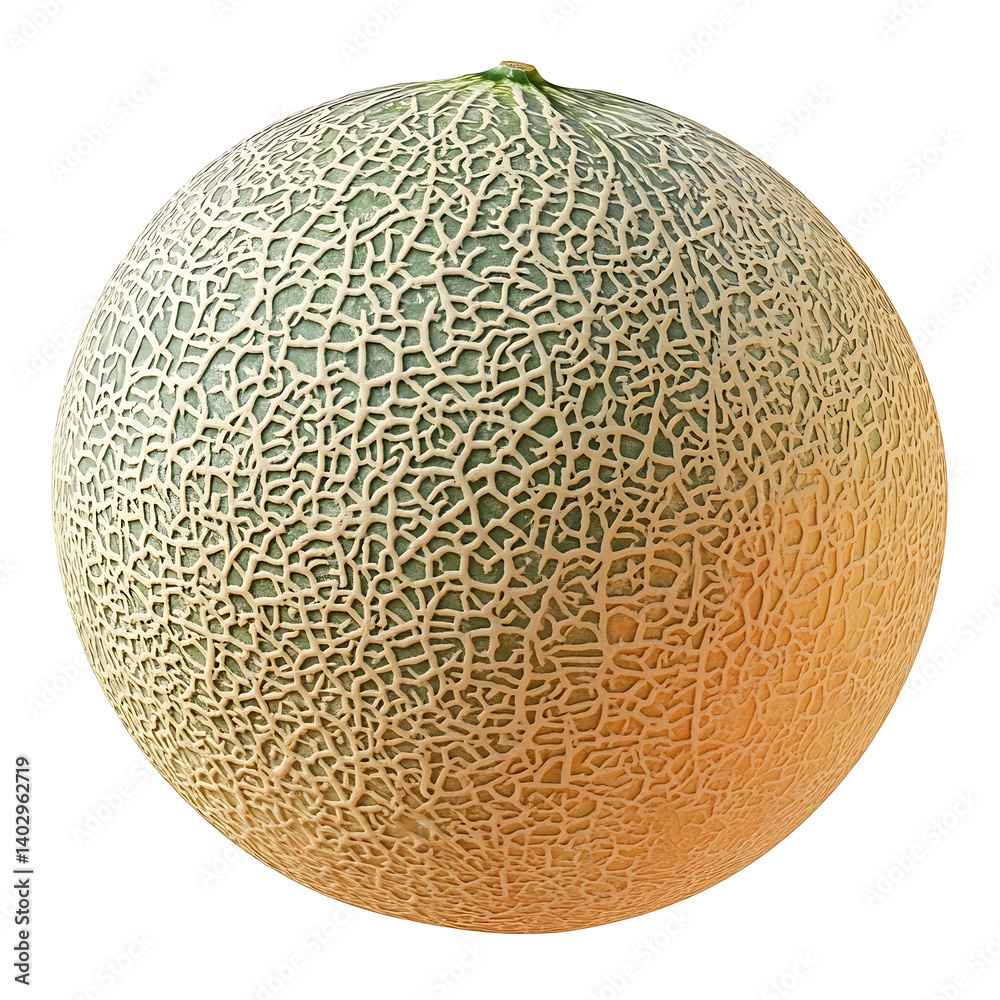 A juicy cantaloupe with textured orange flesh and green skin, isolated white background, hyperrealism art style A juicy cantaloupe with textured orange flesh and green skin, isolated white background, hyperrealism art style
