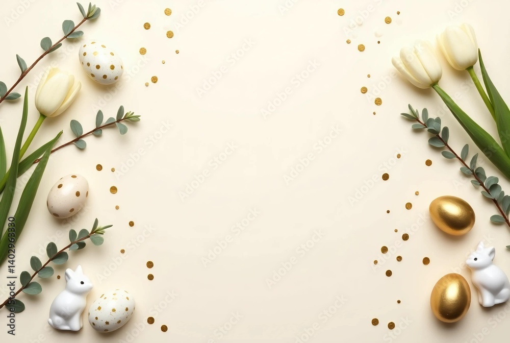 Fototapeta premium Easter Flat Lay with Eggs, White Tulips & Greenery on Light Background