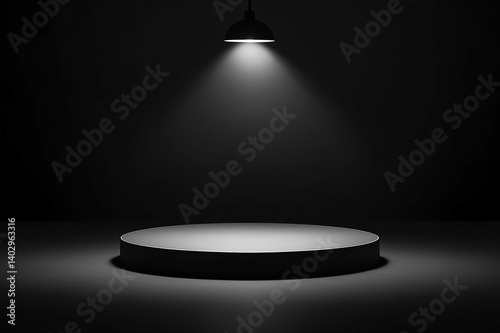 Black podium in a dark studio with focused lighting, creating a dramatic and professional background for premium product display.

