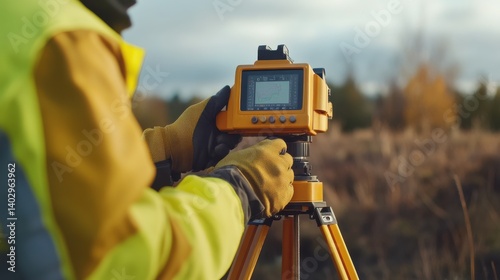 Land surveyor adjusting a total station on a tripod. Featuring accuracy and site measurement