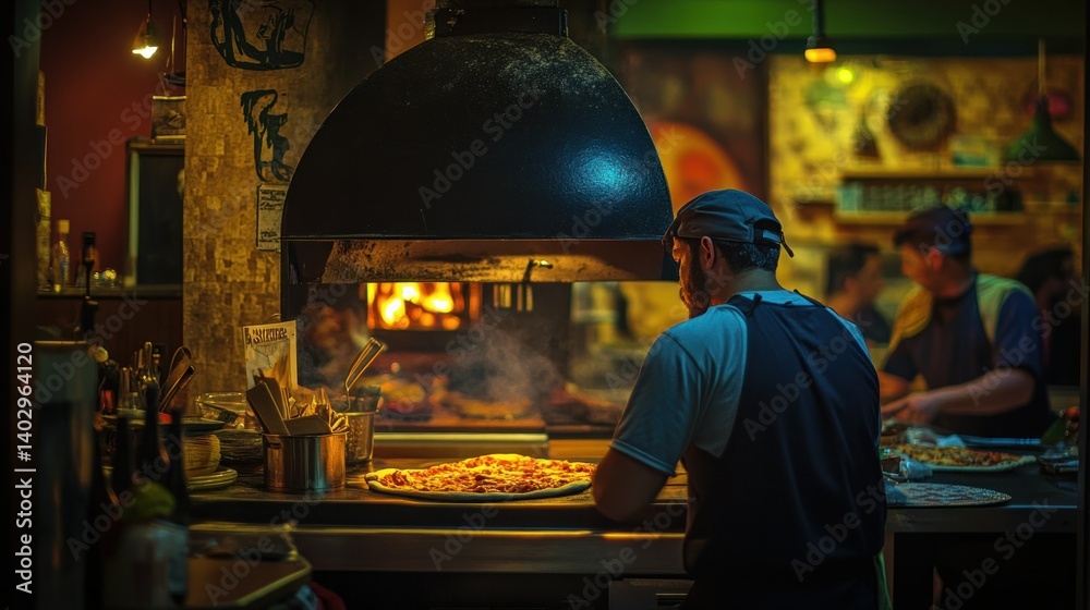 A chef prepares a pizza inside of a warm restaurant kitchen A chef prepares a pizza inside of a warm restaurant kitchen