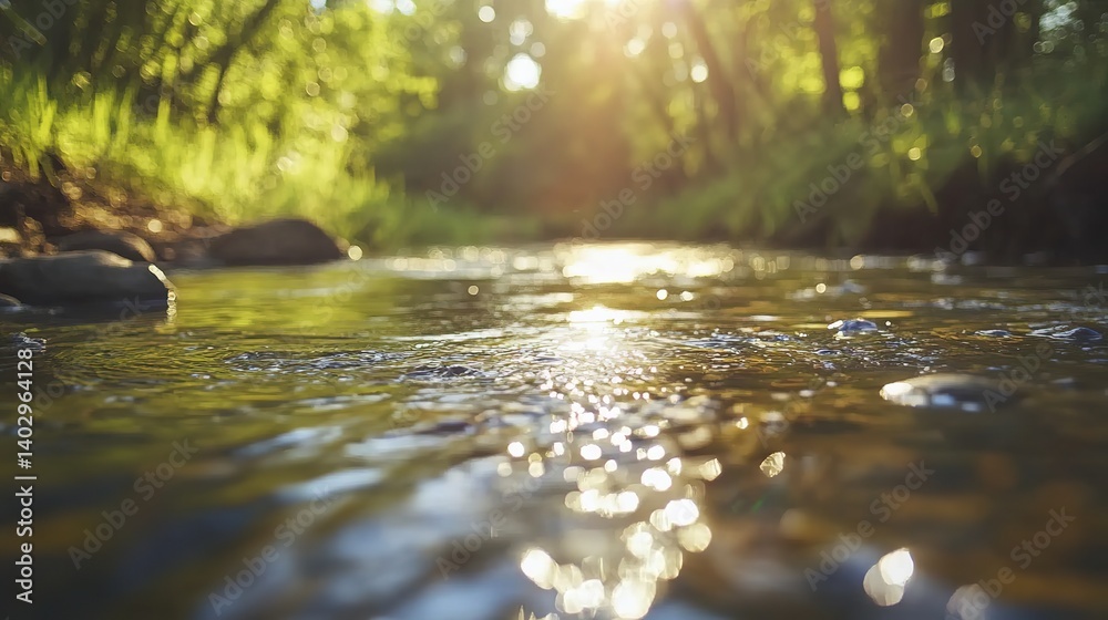 Fototapeta premium Tranquil river reflecting soft sunlight, a serene natural moment. Minimalism in nature's simplicity and calm. 