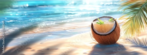 coconut cocktail on the beach, Generative AI,