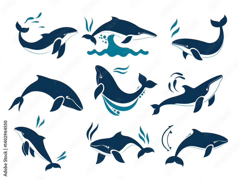 flat vector whale icons in swimming, spouting, and tail-flick poses, clean bold outlines and ocean blue color palette, modern marine clipart, isolated on white background