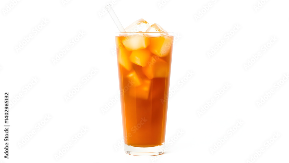 Refreshing Iced Thai Tea Tall Glass, Ice Cubes, Straw Refreshing Iced Thai Tea Tall Glass, Ice Cubes, Straw