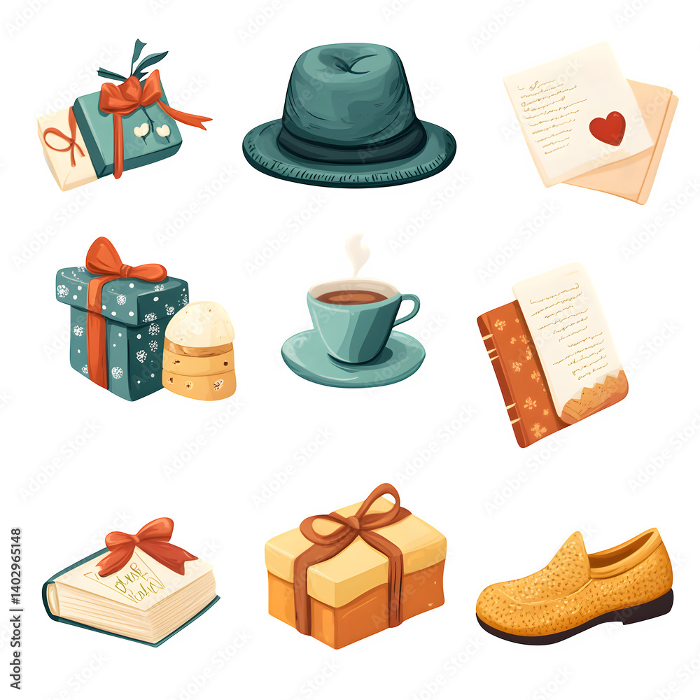 simple vector collection with 10 items: mom hat, slippers, book, tea, love letter, wrapped gift, white background simple vector collection with 10 items: mom hat, slippers, book, tea, love letter, wrapped gift, white background
