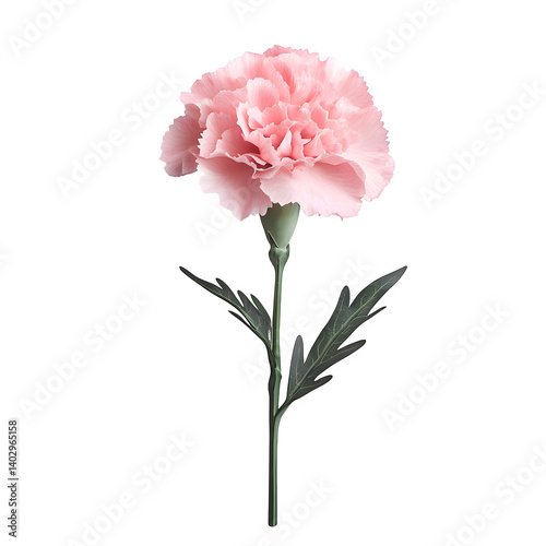 single pink carnation flower, fully bloomed, delicate soft pink petals, realistic botanical detail, green stem with leaves, isolated on white background, subtle shadow, soft lighting, high resolution