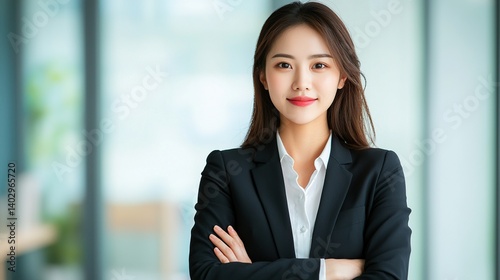 Confident businesswoman standing with arms crossed, exuding professionalism in a modern office setting. Free Download Confident businesswoman standing with arms crossed, exuding professionalism in a modern office setting. - GFXLoad
