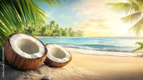 coconut cocktail on the beach, Generative AI,