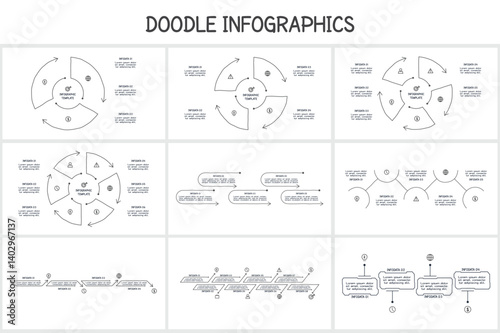 Set doodle infographic elements with 3, 4, 5, 6, 8 options. Vector business template for presentation