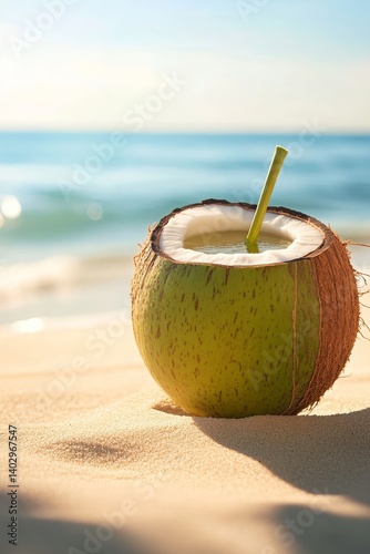 coconut cocktail on the beach, Generative AI,