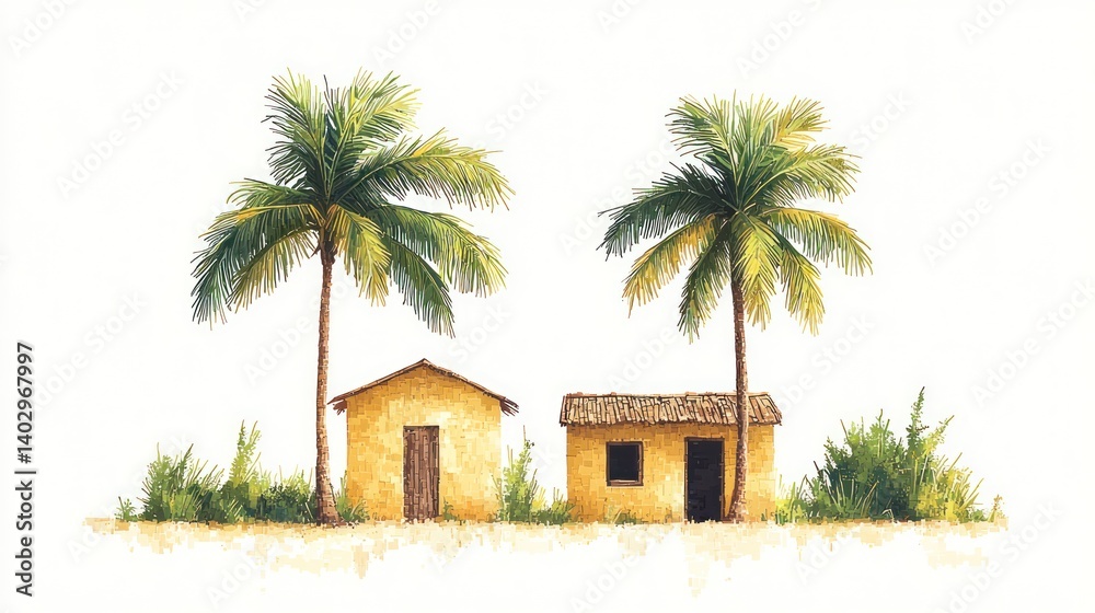 Fototapeta premium Tropical Watercolor Painting: Two Palm Trees and Humble Cottages
