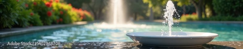 Water fountain with white plate in foreground, surface tension, ripples