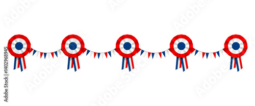bannière web, frise avec cocardes et fanions tricolores pour le 14 juillet, fête nationale de la France