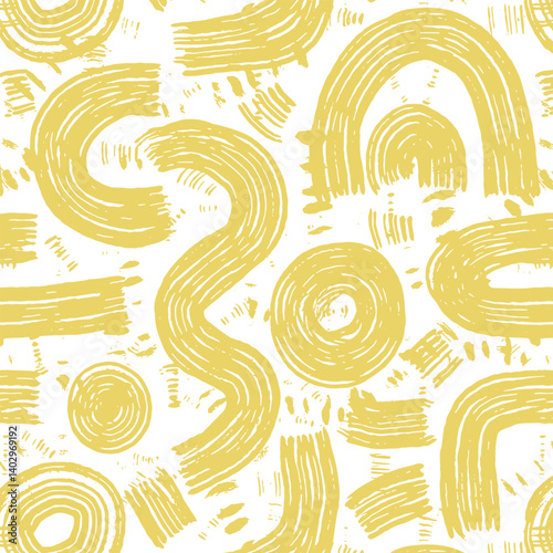 Seamless yellow abstract grunge pattern featuring textured brushstrokes and expressive elements for modern decor and prints