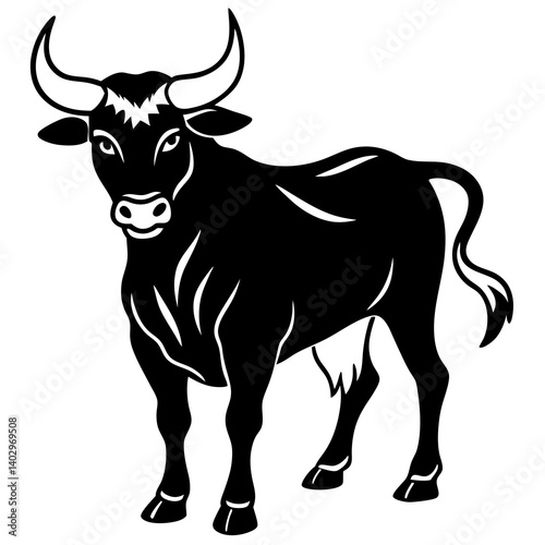 Horned cow in aggressive pose silhouette vector