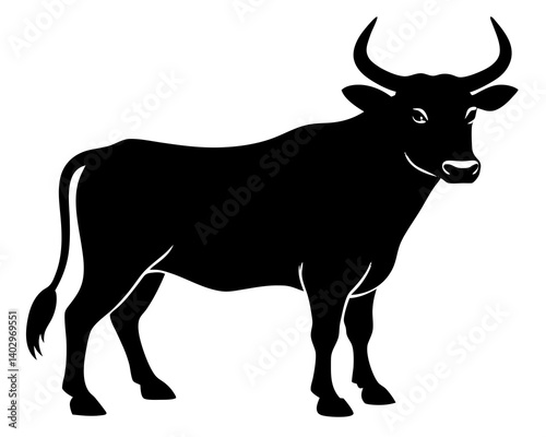 Horned cow in aggressive pose silhouette vector