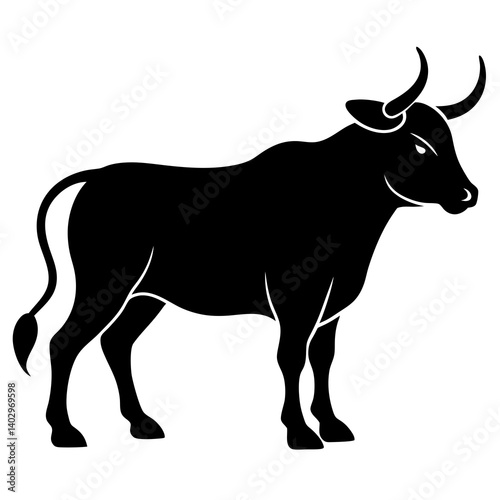 Horned cow in aggressive pose silhouette vector