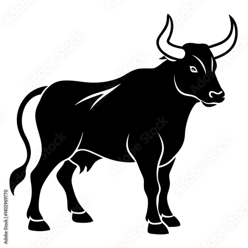Horned cow in aggressive pose silhouette vector