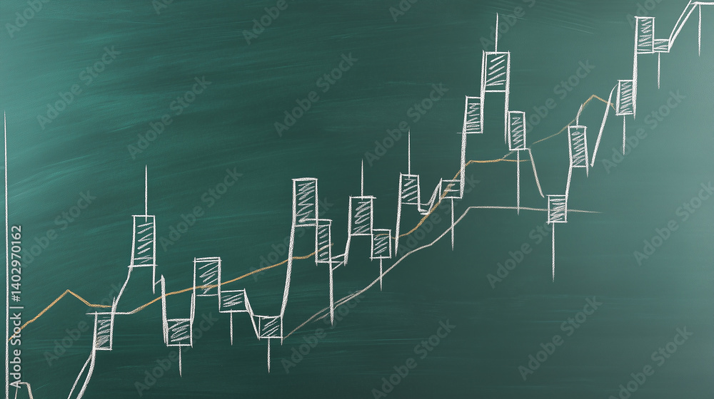 Obraz premium candlestick stock chart with trend lines drawn in chalk on green classroom blackboard