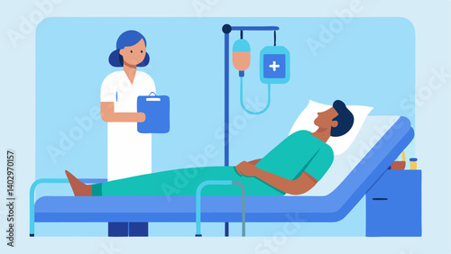 PostTreatment Care A patient in a recovery room resting comfortably while a nurse checks their vital signs depicted in a calm and serene environment.
