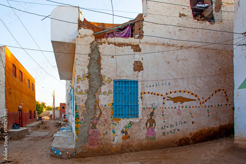 Aswan, Egypt - March 9, 2025:  Nubian village traditional house colorful old house in  Elephantino island in Aswan Egypt