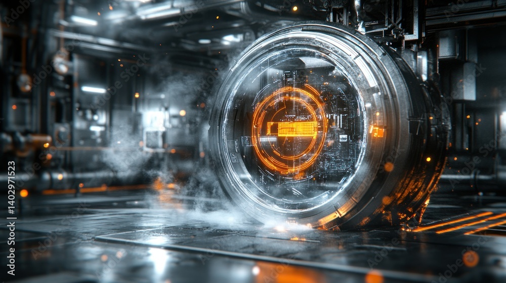 Fototapeta premium Futuristic, high-tech circular interface in a dark, industrial setting. Interactive display system with orange accents, surrounded by steam and metallic structures