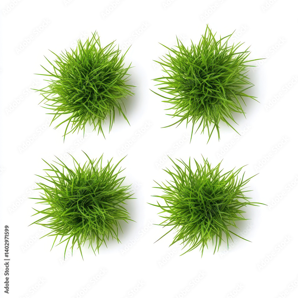 Four green grass spheres against a clean white background representing nature, growth, and environmental themes Four green grass spheres against a clean white background representing nature, growth, and environmental themes