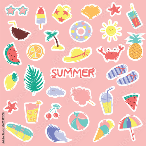 Set of summer stickers. Vector illustration.  Stickers with cherry, drink, juice, watermelon, pineapple, ice cream, glasses, ball, surf, summer, flip flops, hat.