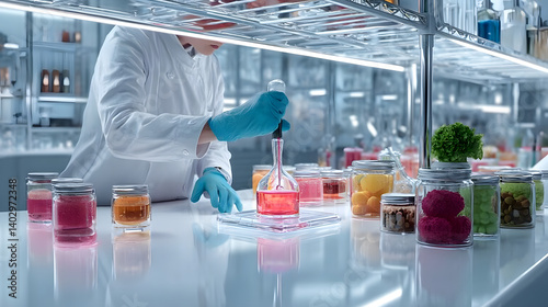 Scientist testing artificial flavor compounds in a futuristic lab, flavor innovation, food science