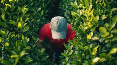 Landscaping worker trimming hedges in a freshly designed garden. Featuring neatness and nature