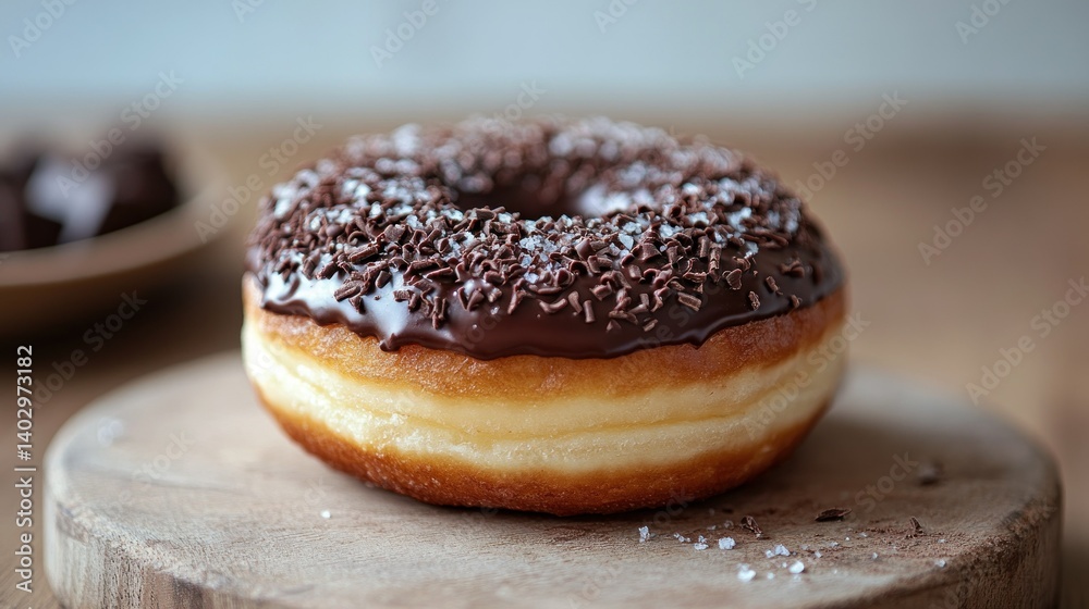 A chocolate frosted donuts sitting atop a wooden cutting board A chocolate frosted donuts sitting atop a wooden cutting board