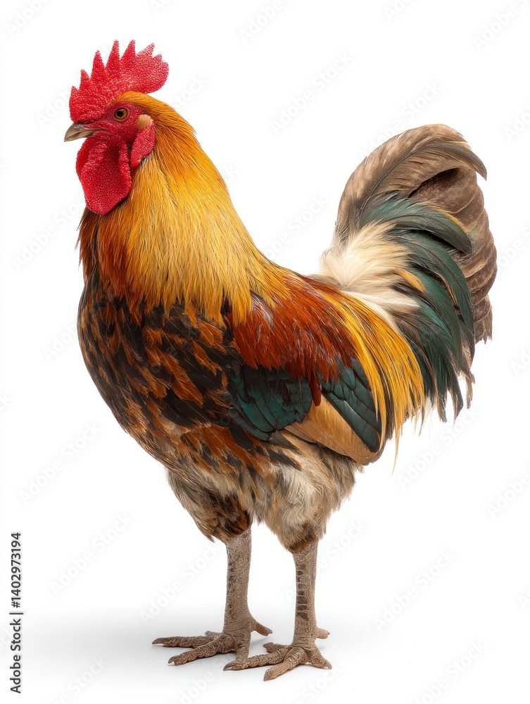 Fototapeta premium Standing Rooster Portrait with Colorful Plumage on White Background Studio Shot