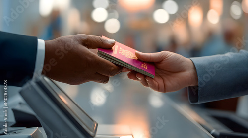 Obraz na płótnie Business traveler handing passport to customs officer at airport, business travel, customs w salonie