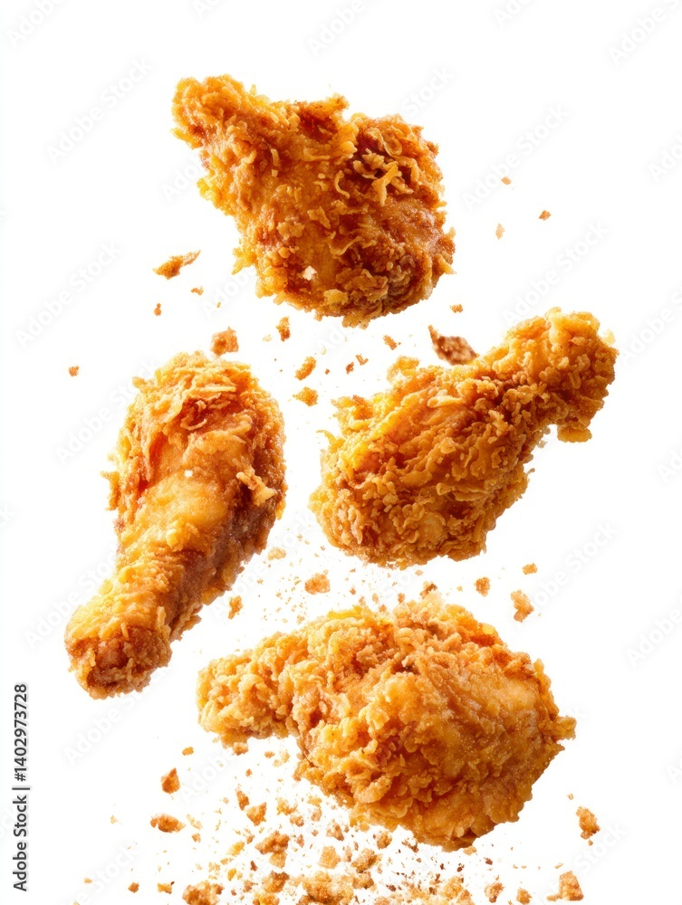 Crispy Fried Chicken Pieces Floating in the Air with Crumbs Crispy Fried Chicken Pieces Floating in the Air with Crumbs