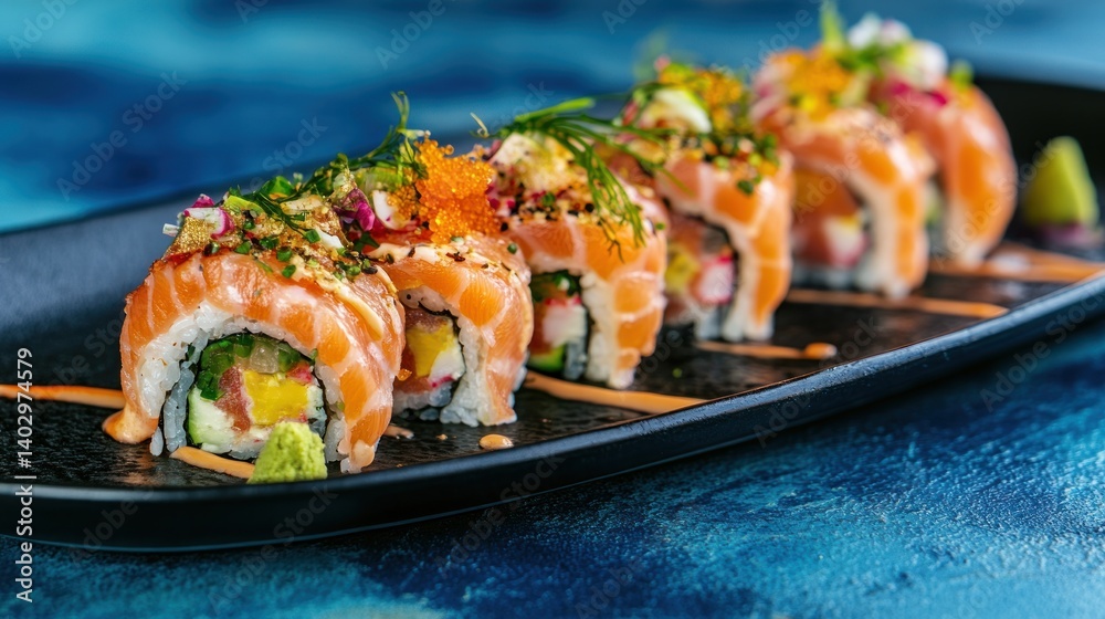 Delicious salmon sushi rolls with various toppings artfully arranged on a black plate. Delicious salmon sushi rolls with various toppings artfully arranged on a black plate.