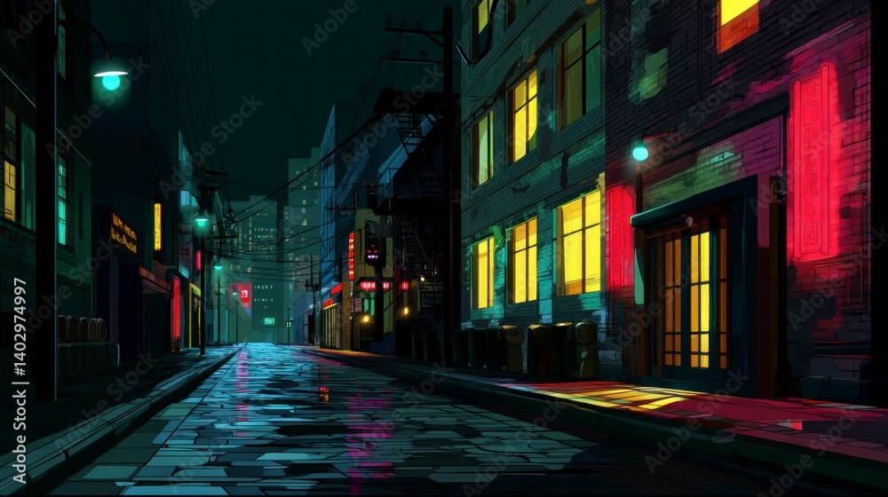 Obraz premium Night City Street with Neon Lights and Wet Pavement Reflection