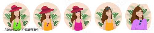 Set of illustrations of a summer girl, on a white background