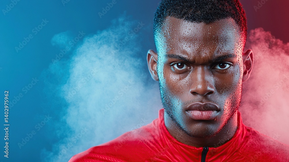Obraz premium Intense athlete portrait with vibrant blue and red background, showcasing determination and strength.