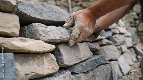 Mason laying stones for a stone wall. Featuring craftsmanship and precision