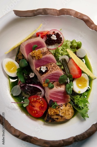 fresh healthy tuna fish egg salad served on the white plate