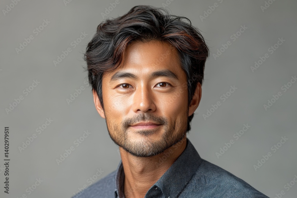 Fototapeta premium Man with stylish hair, smile, in a blue shirt, against a gray backdrop