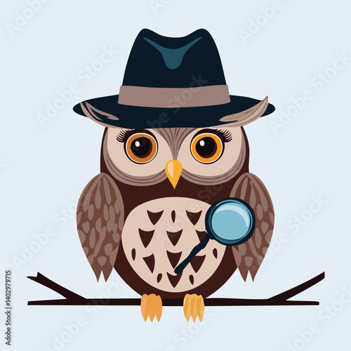 Detective Owl with Hat and Magnifier