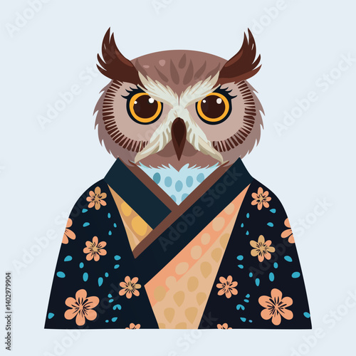 Owl Wearing Traditional Japanese Kimono