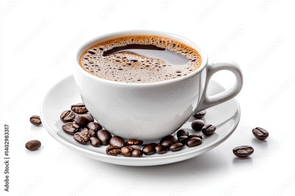 Coffee cup with beans on saucer on white background Coffee cup with beans on saucer on white background
