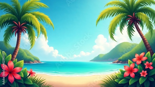 Vibrant tropical beach scene with palm trees, lush vegetation, and a stunning turquoise ocean under a bright blue sky with fluffy white clouds, summer illustration