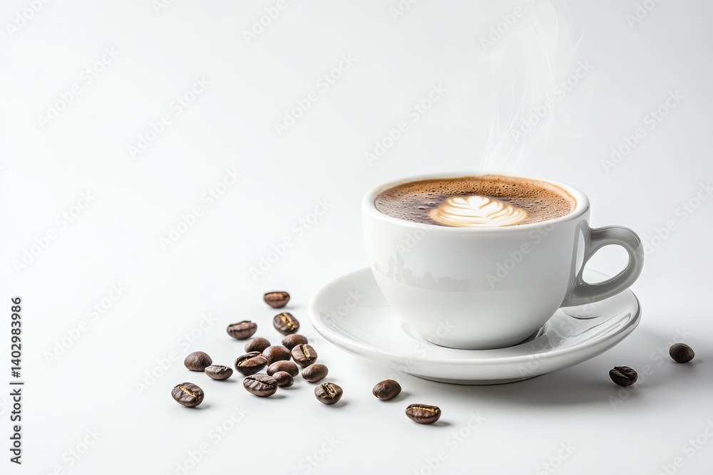 Fototapeta premium Coffee cup with beans on white background 