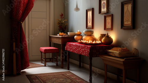 Traditional pooja room setup, festive lamps, red cloth, empty desk center